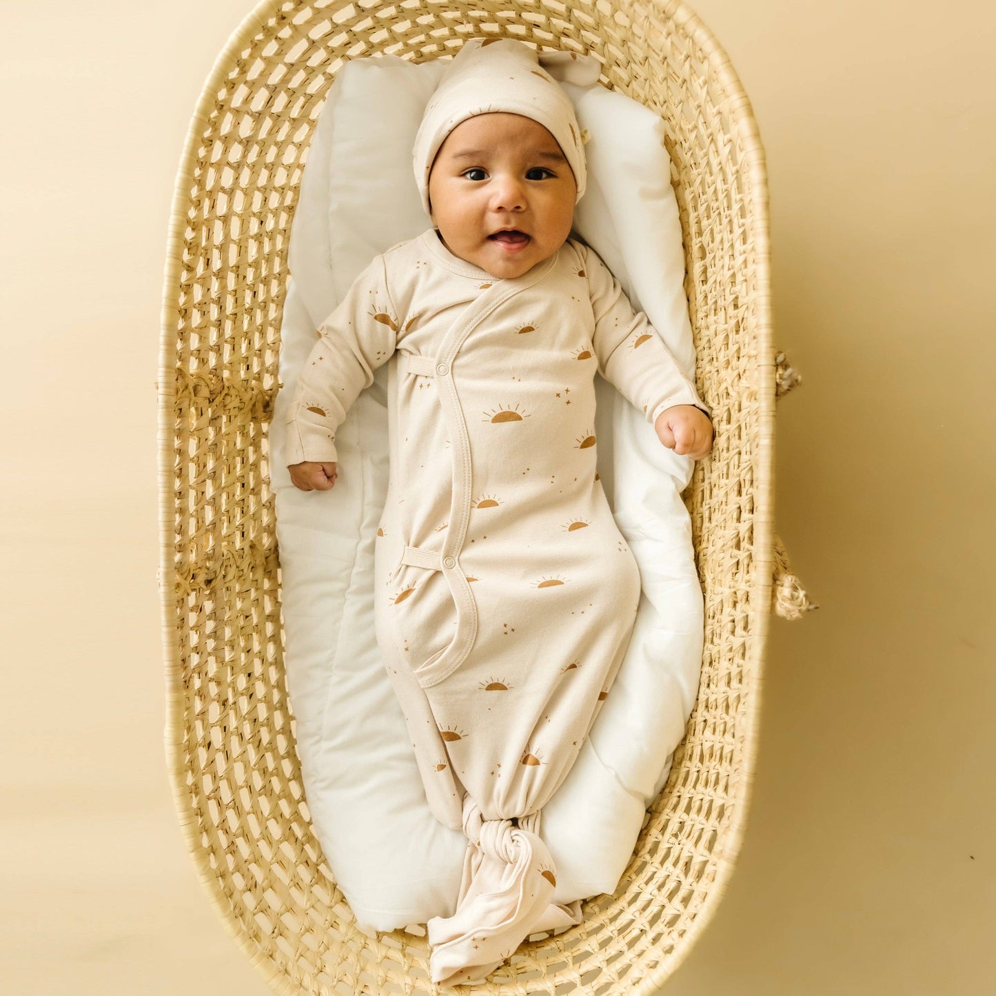 Makemake Organics - Organic Cotton Kimono Knotted Sleep Gown & Top Knot Hat - Sunshine