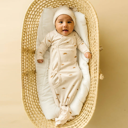 Makemake Organics - Organic Cotton Kimono Knotted Sleep Gown & Top Knot Hat - Sunshine