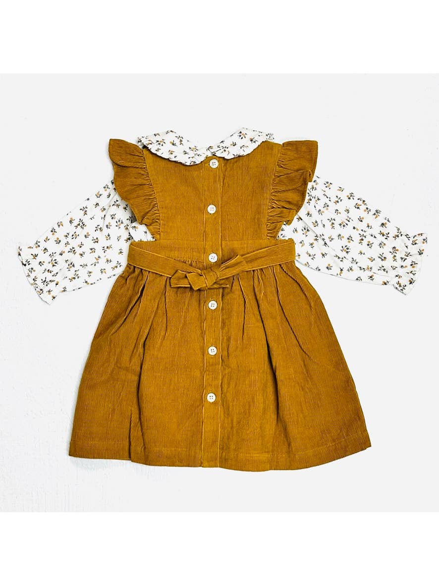Mustard Corduroy Pinafore Dress + Floral Shirt Set