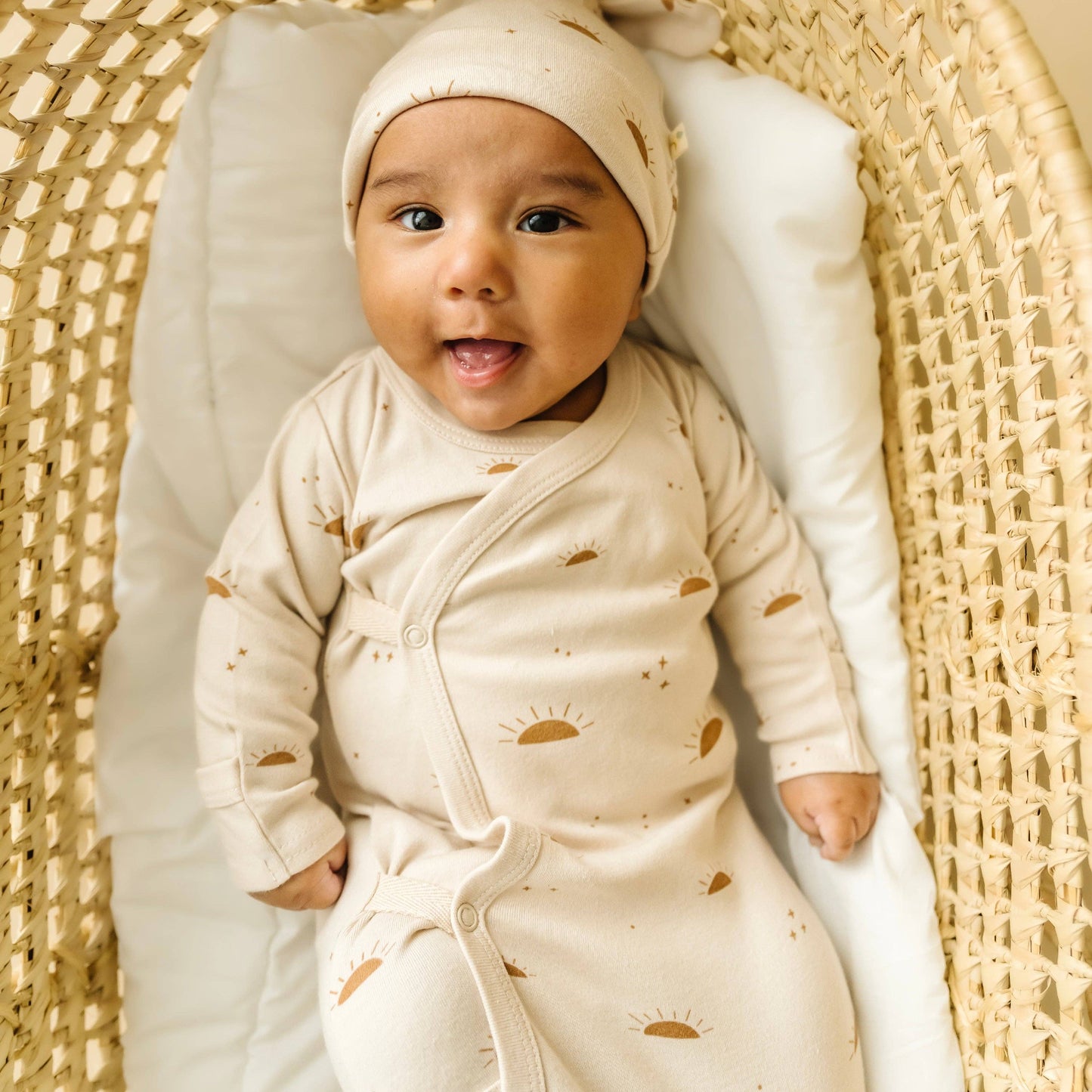 Makemake Organics - Organic Cotton Kimono Knotted Sleep Gown & Top Knot Hat - Sunshine