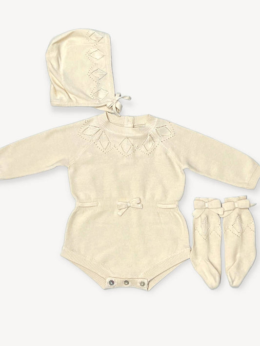 Cream Milan Pointelle Knit Baby Girl Bodysuit 3pc SET