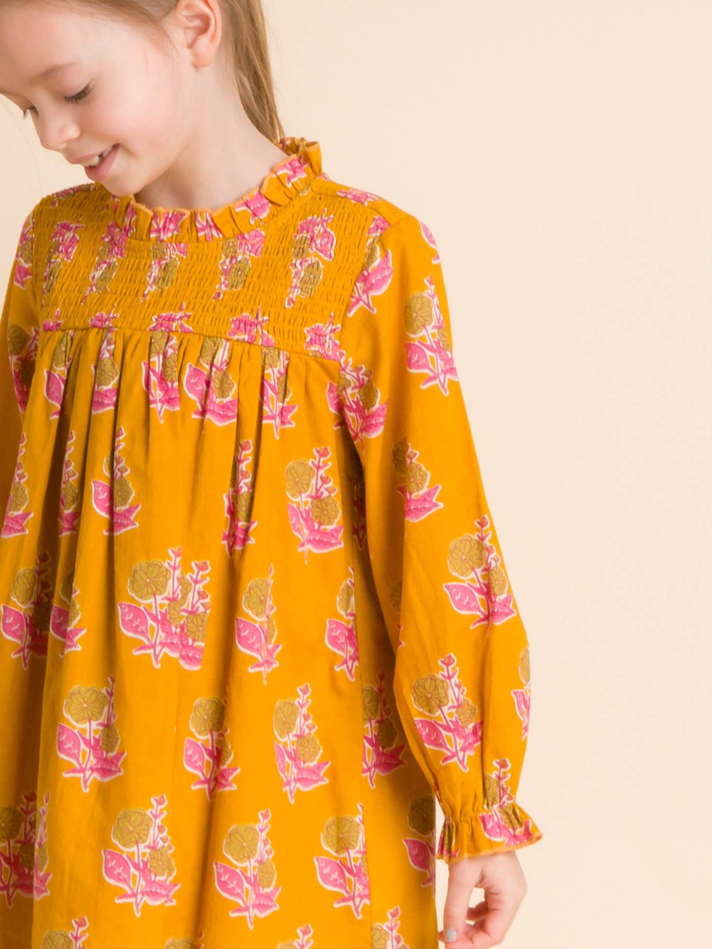 Mustard Floral Smocked Long Sleeve Dress