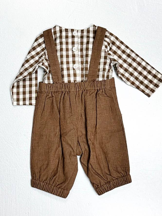 Earth Brown Gingham Muslin Shirt + Corduroy Baby Overall Set