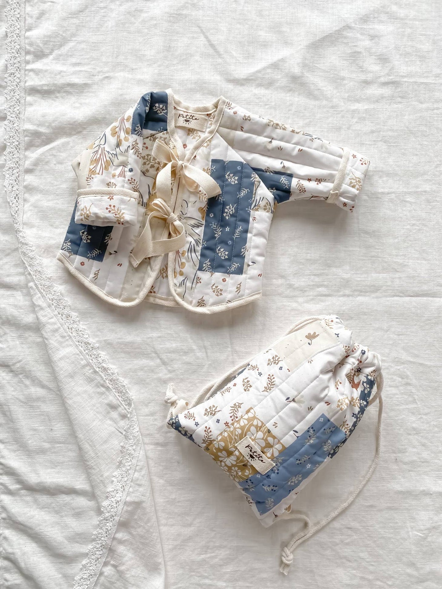 Quilted Jacket - Ivory/Blue Patchwork or Rose Floral