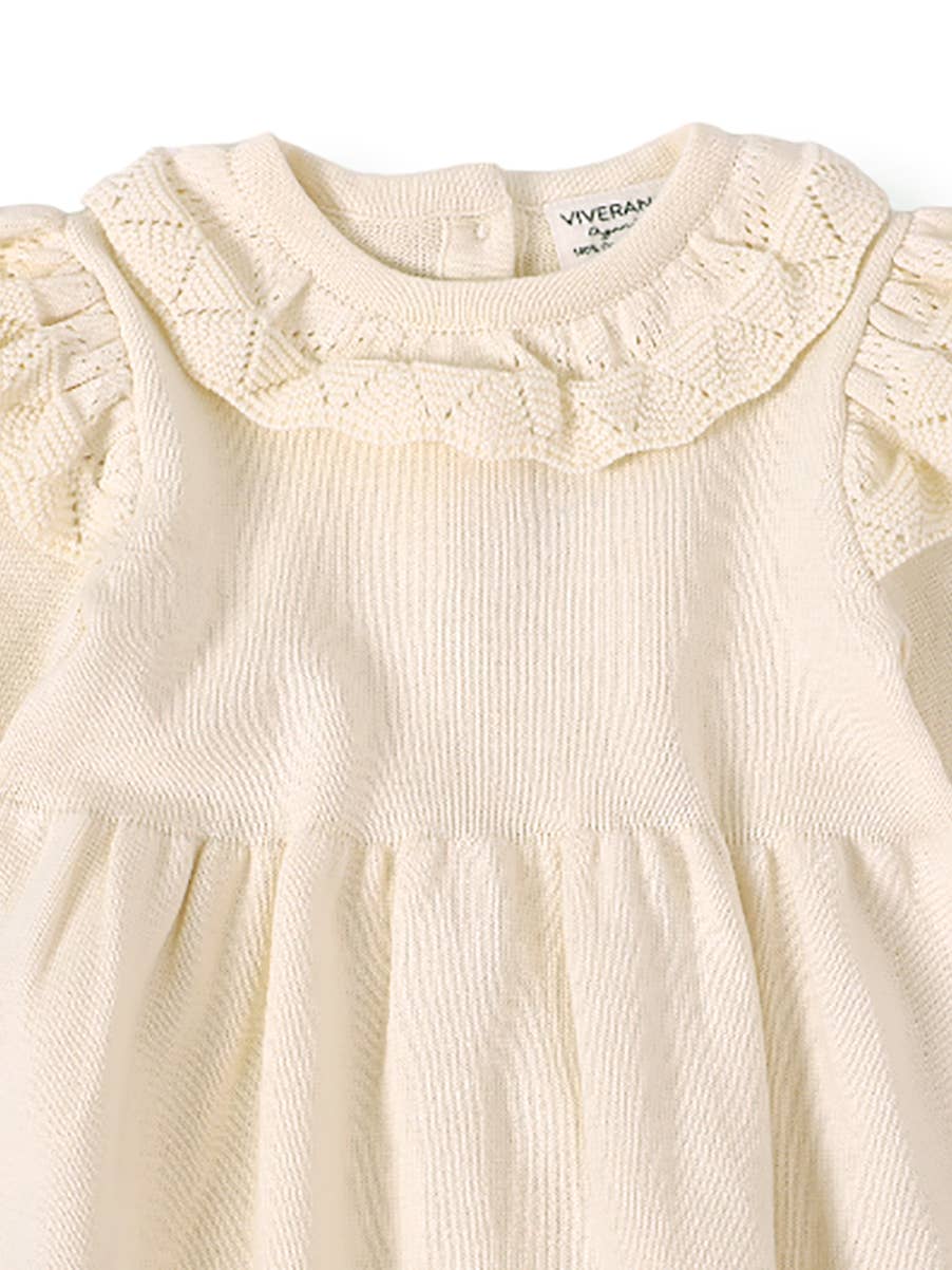 Cream Baby Milan Ruffle Collar Pointelle Knit Sweater Dress