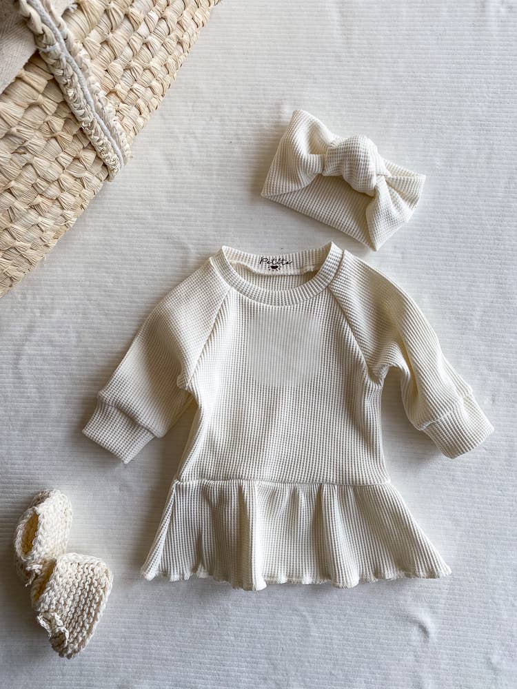 Ivory Waffle Baby Ruffle Hem Dress