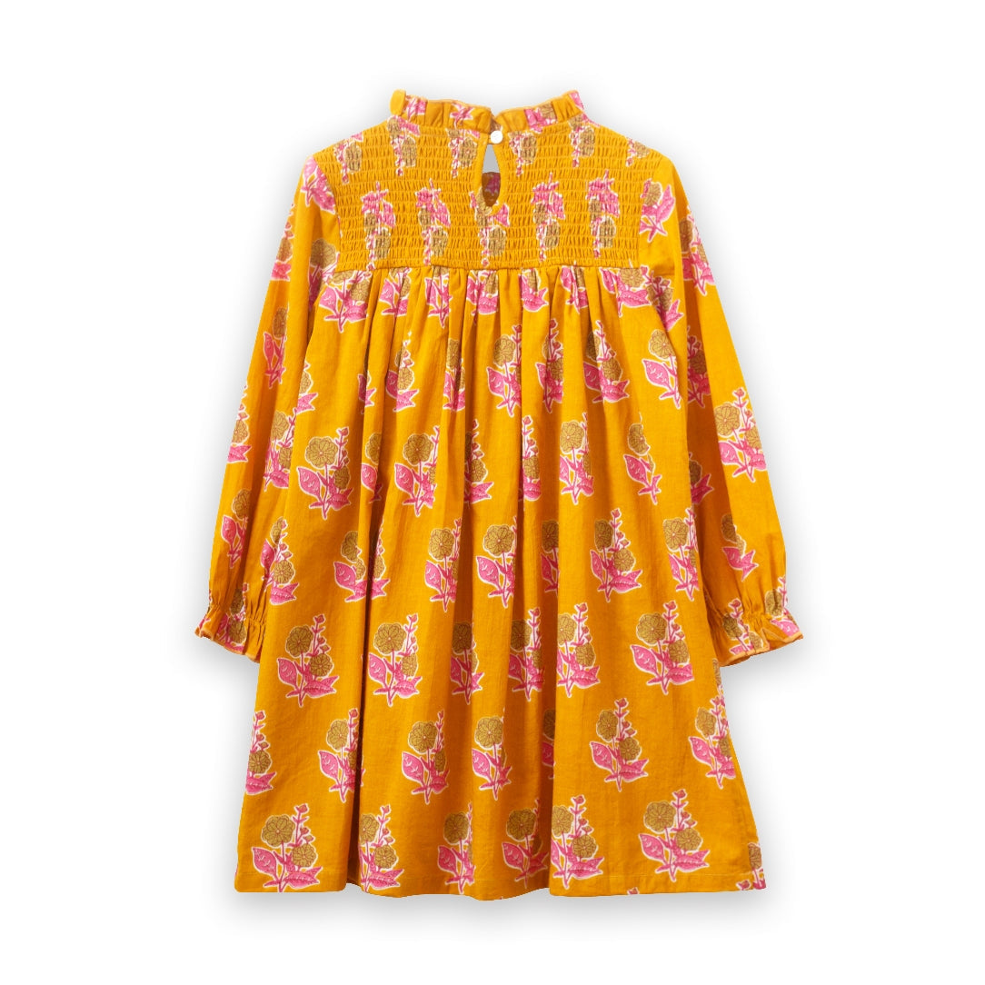 Mustard Floral Smocked Long Sleeve Dress
