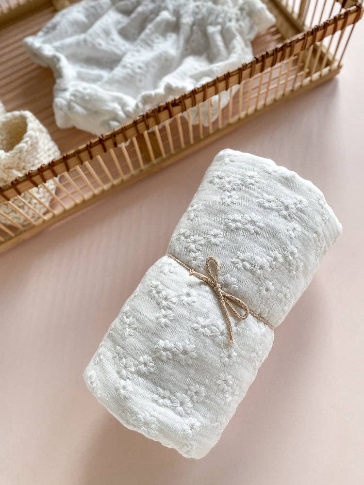 White Floral Embroidered Muslin Swaddle Blanket