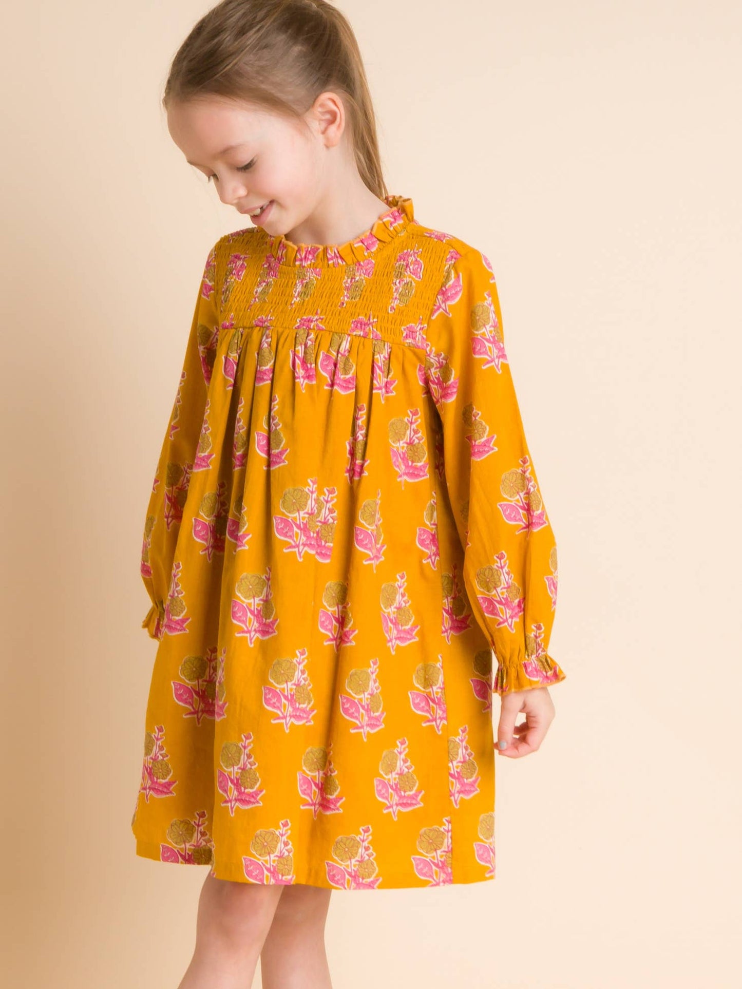 Mustard Floral Smocked Long Sleeve Dress