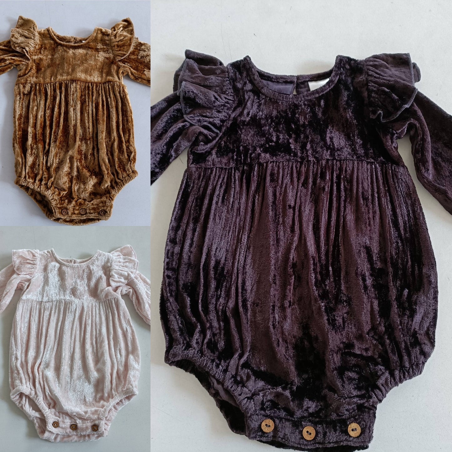 Velvet Ruffle Romper - Baby Pink, Aubergine, or Gold