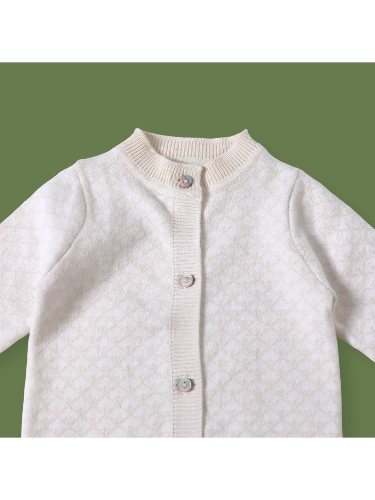 White Lux Jacquard Knit Baby Jumpsuit + Hat + Bootie Set