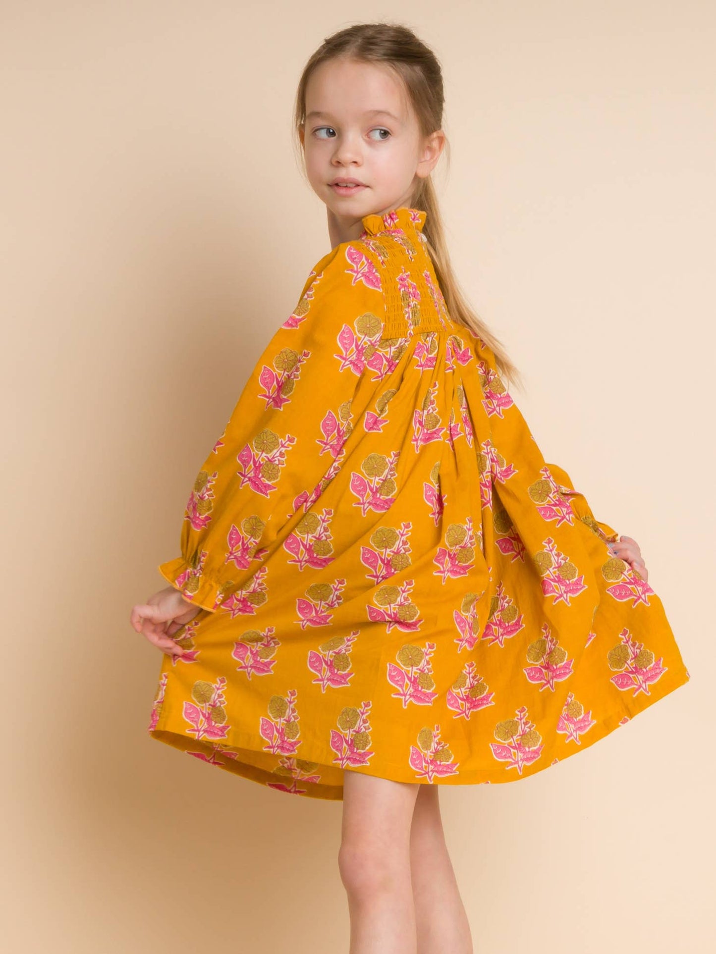 Mustard Floral Smocked Long Sleeve Dress