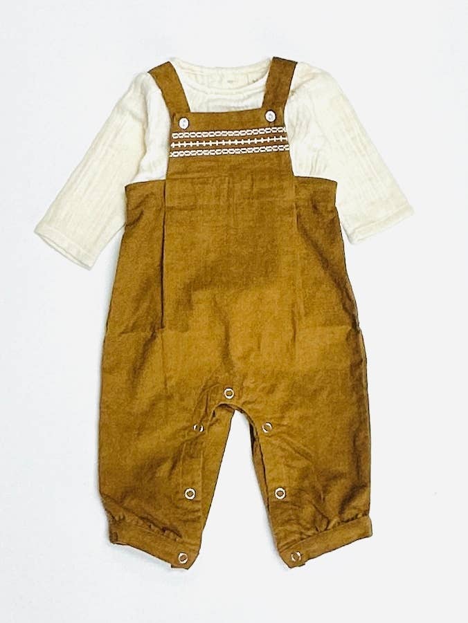 Mustard Corduroy Baby Overall Set with Muslin Shirt