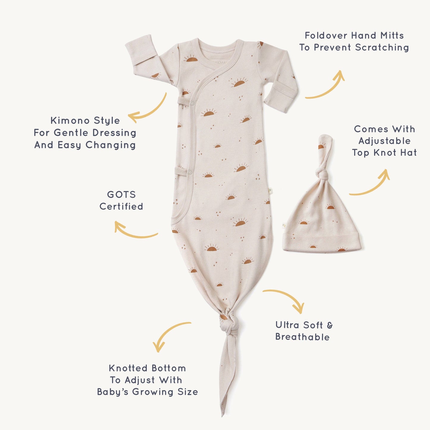 Makemake Organics - Organic Cotton Kimono Knotted Sleep Gown & Top Knot Hat - Sunshine