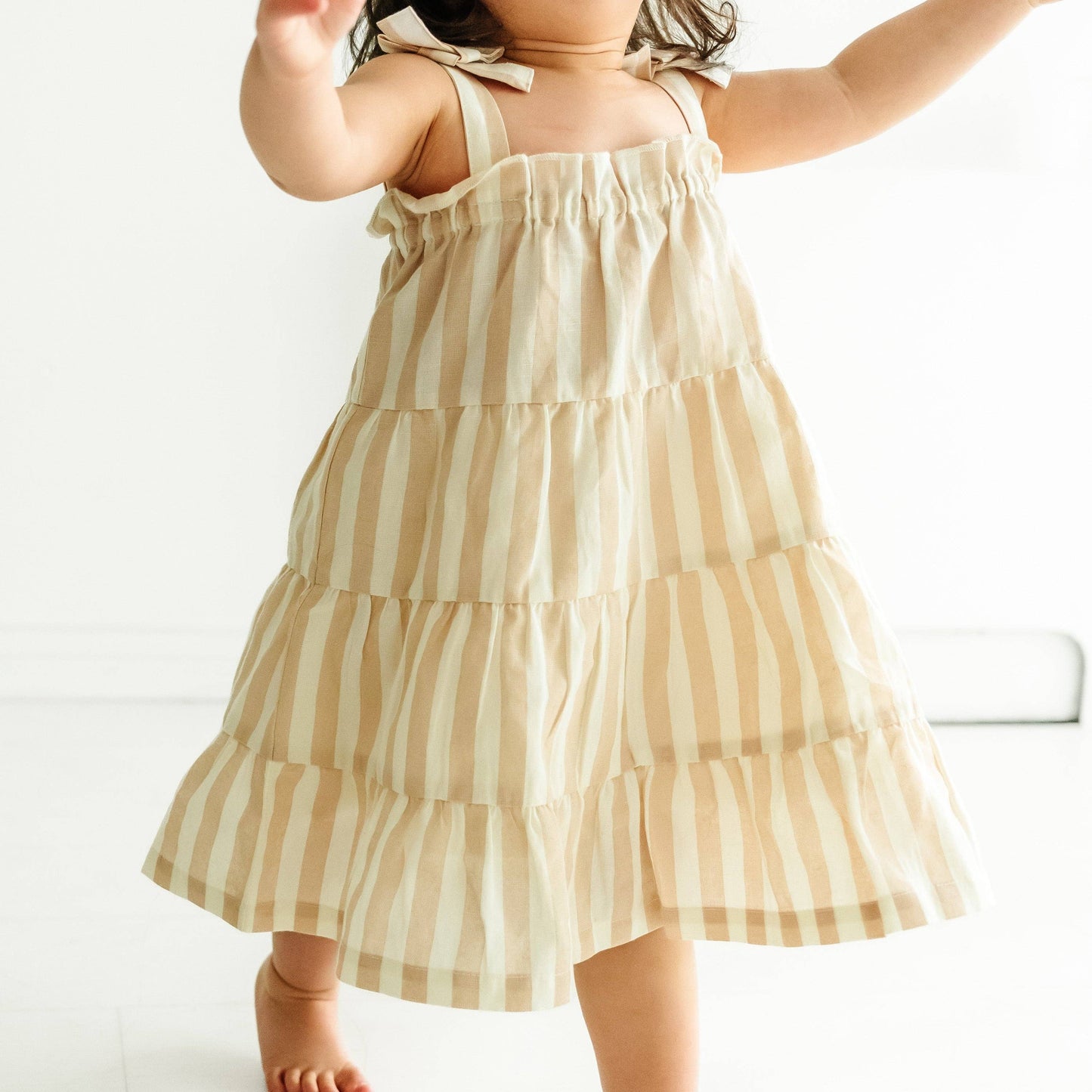 Makemake Organics - Organic Tiered Strap Dress - Beige Stripes