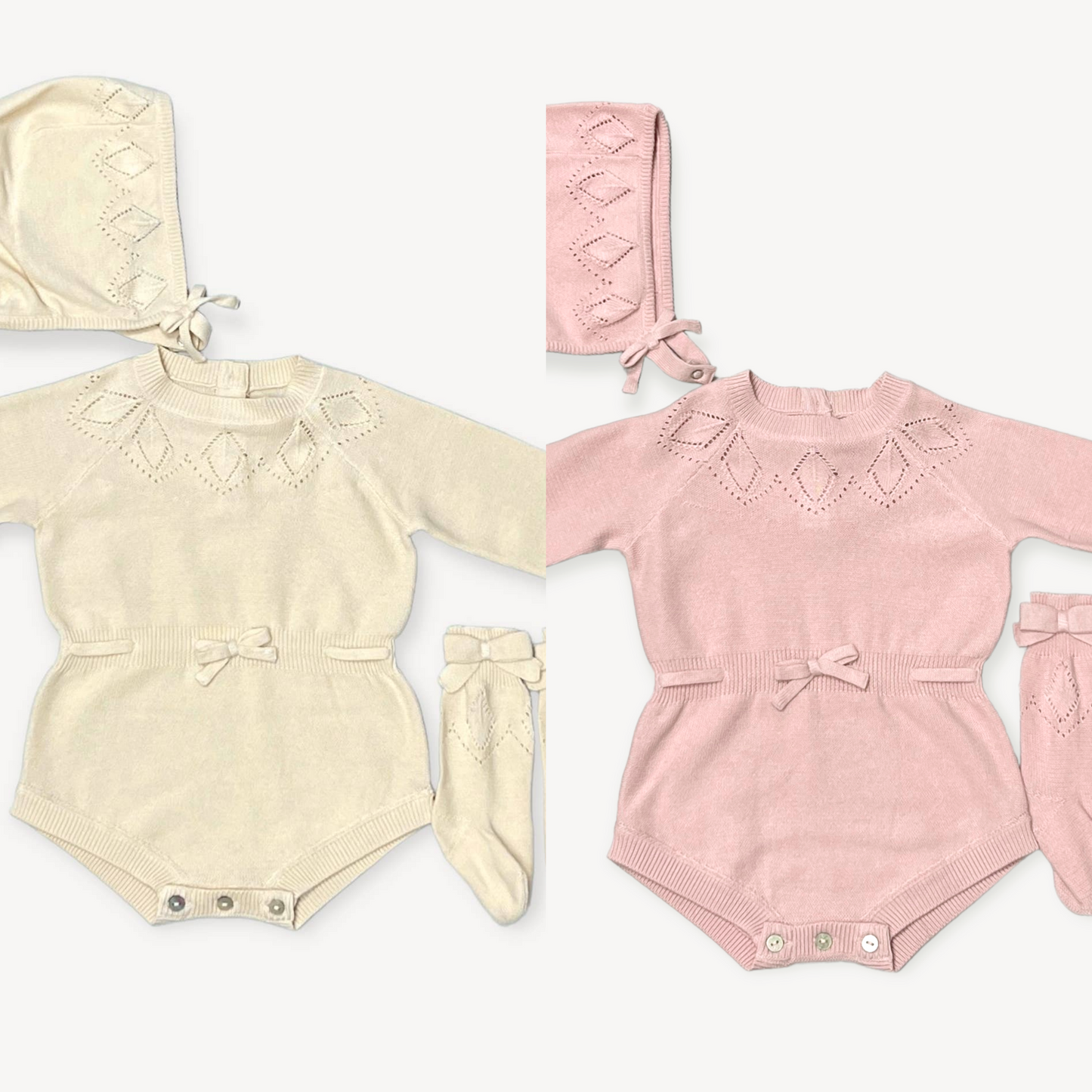 Cream Milan Pointelle Knit Baby Girl Bodysuit 3pc SET