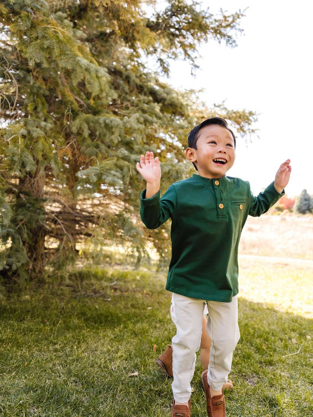 Long Sleeve Button Shirt in Evergreen or Scarlet