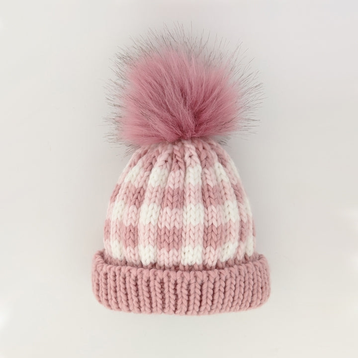 Rosy Pink Buffalo Check Pom Pom Beanie Hat