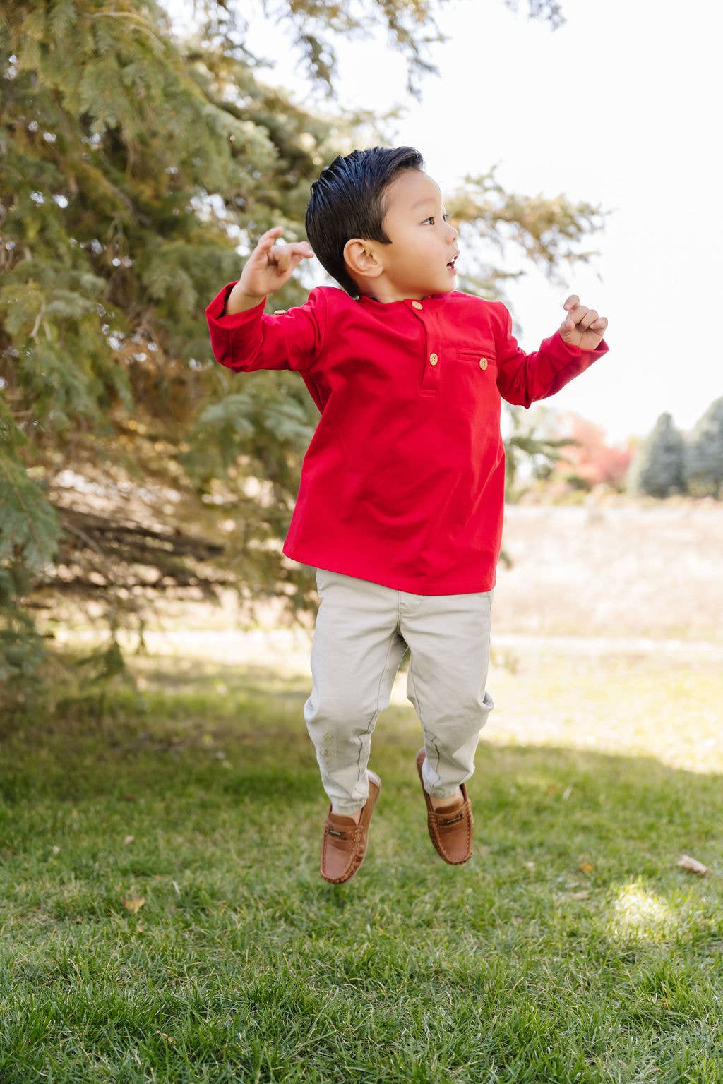 Long Sleeve Button Shirt in Evergreen or Scarlet