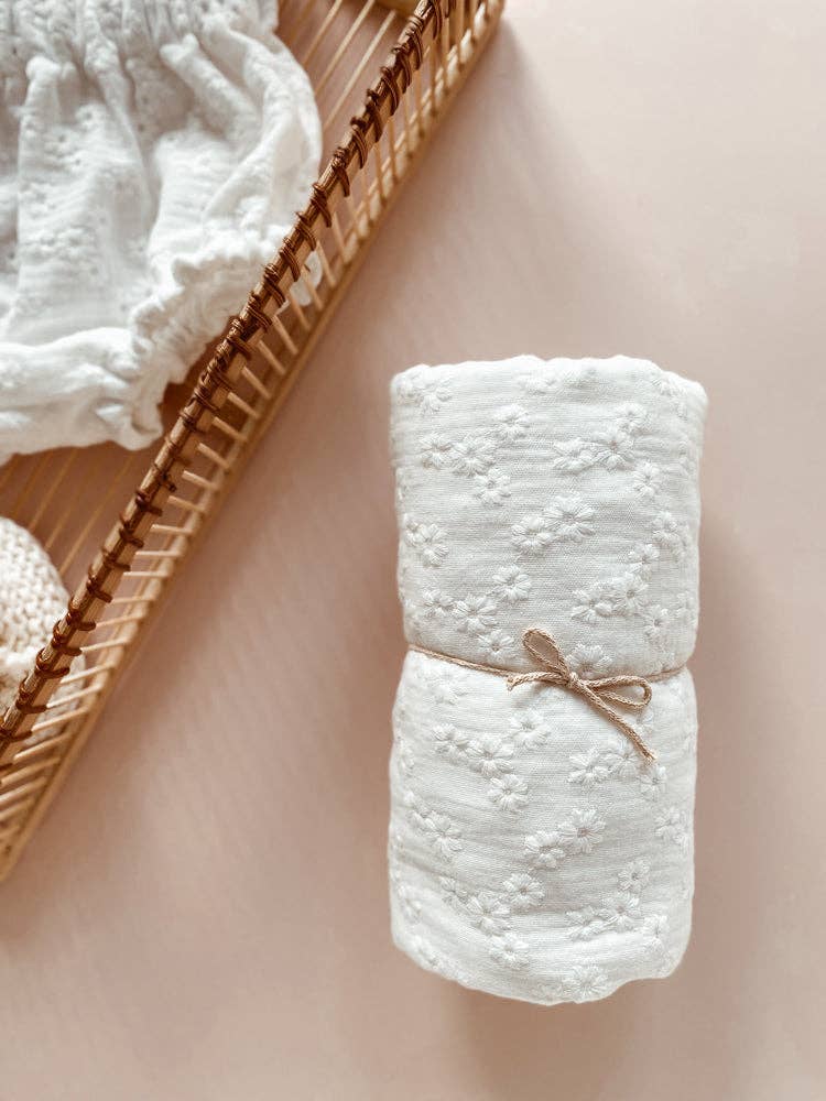 White Floral Embroidered Muslin Swaddle Blanket