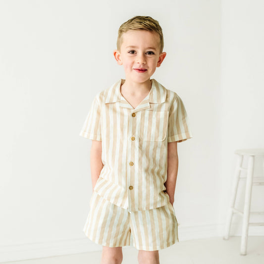 Makemake Organics - Organic Shirt and Shorts Set - Beige Stripes