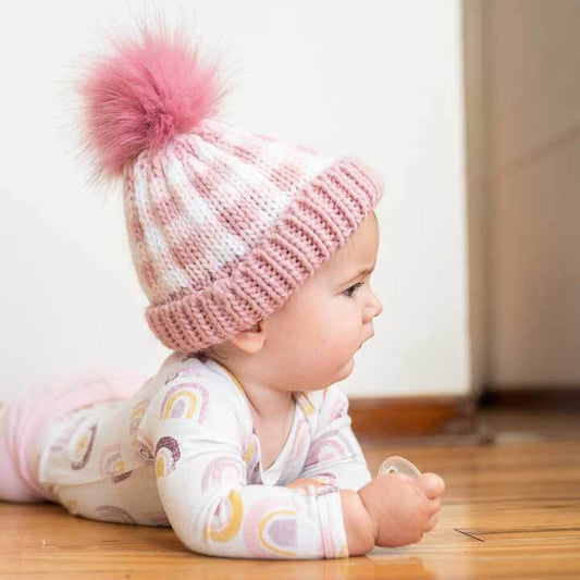 Rosy Pink Buffalo Check Pom Pom Beanie Hat