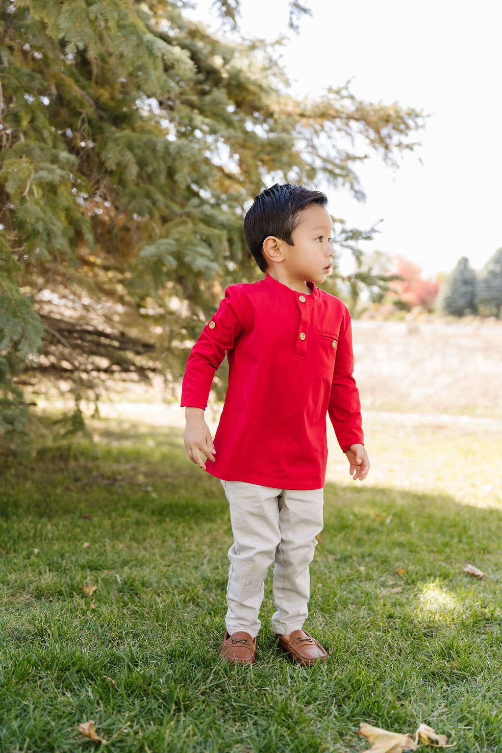 Long Sleeve Button Shirt in Evergreen or Scarlet