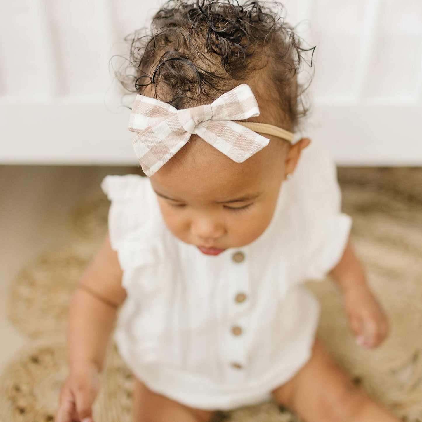 Skinny Gingham Cotton Bow Headband - Blush or Neutral