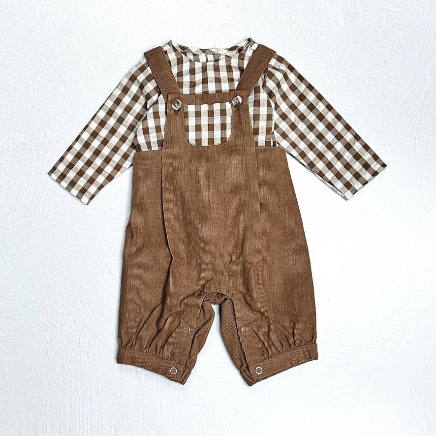 Earth Brown Gingham Muslin Shirt + Corduroy Baby Overall Set