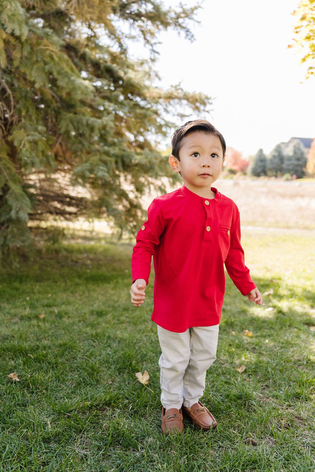 Long Sleeve Button Shirt in Evergreen or Scarlet