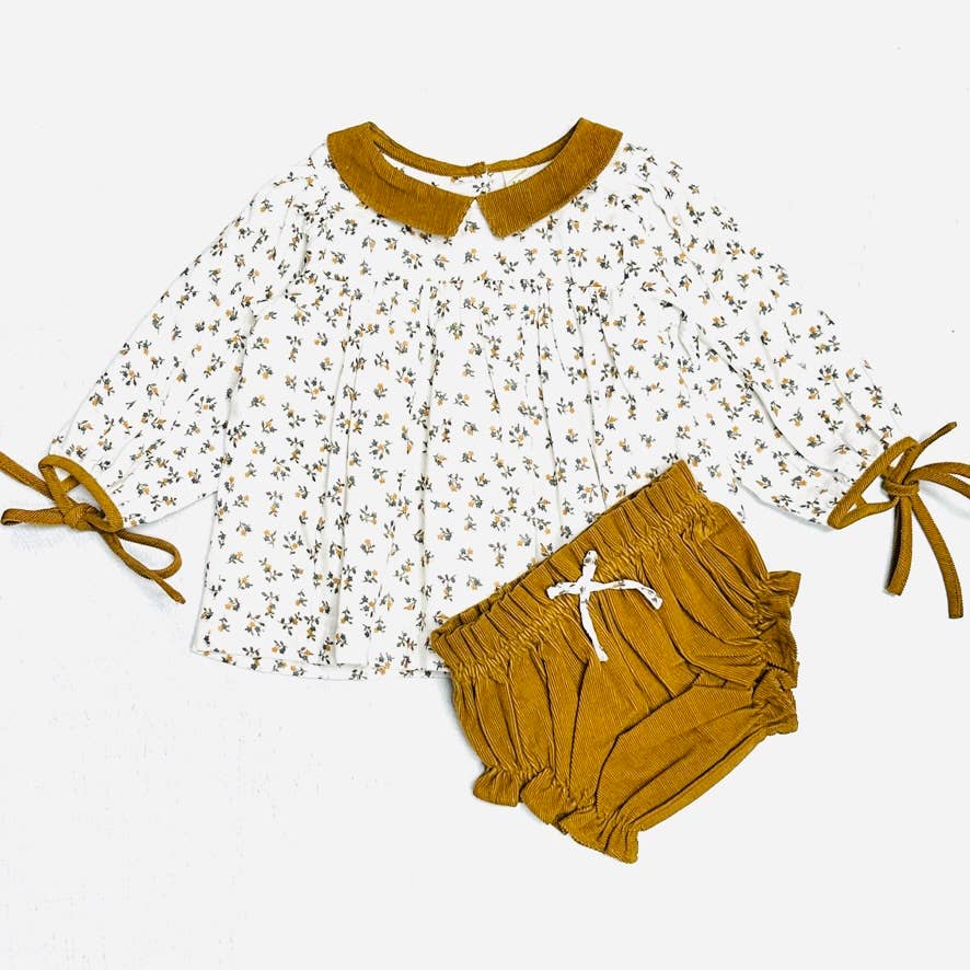 Mustard Floral Muslin Baby Dress + Corduroy Bloomer