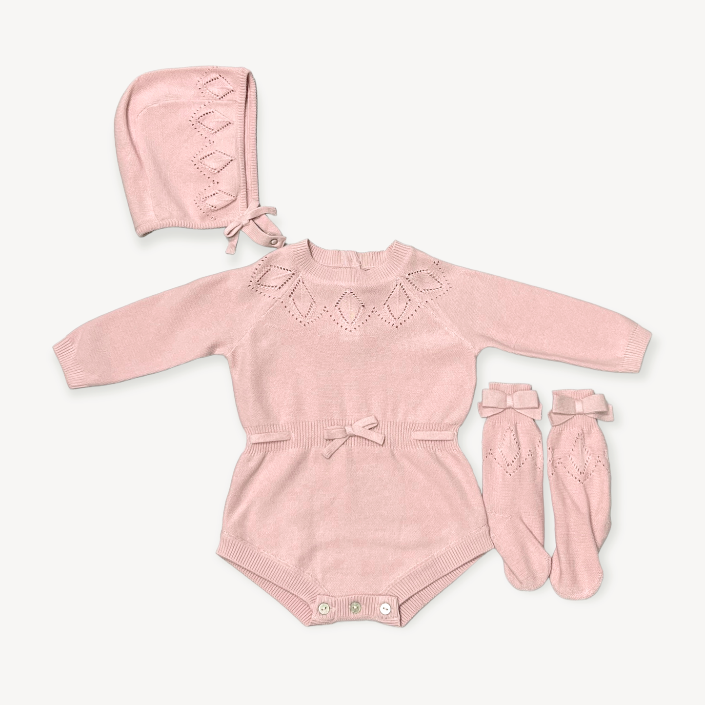 Cream Milan Pointelle Knit Baby Girl Bodysuit 3pc SET