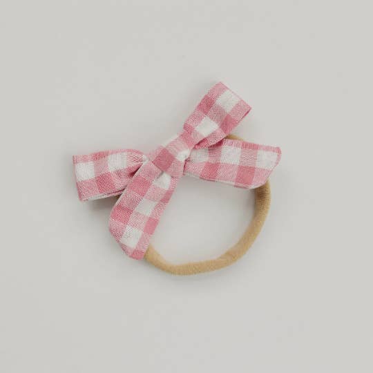 Skinny Gingham Cotton Bow Headband - Blush or Neutral