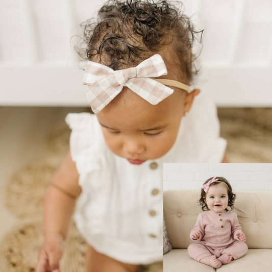 Skinny Gingham Cotton Bow Headband - Blush or Neutral