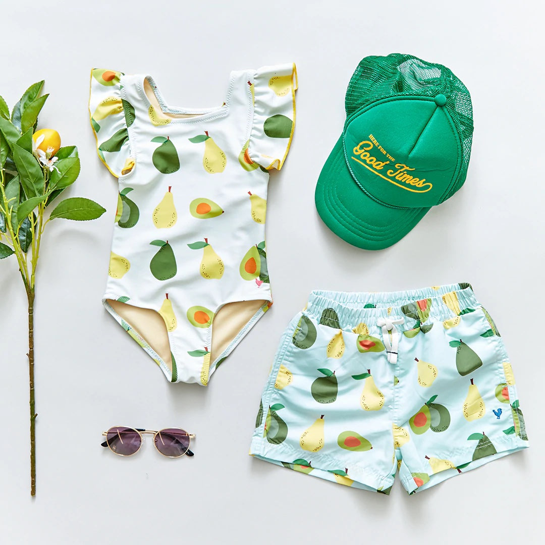 Pink Chicken Avocados & Pears Boys Swim Trunk