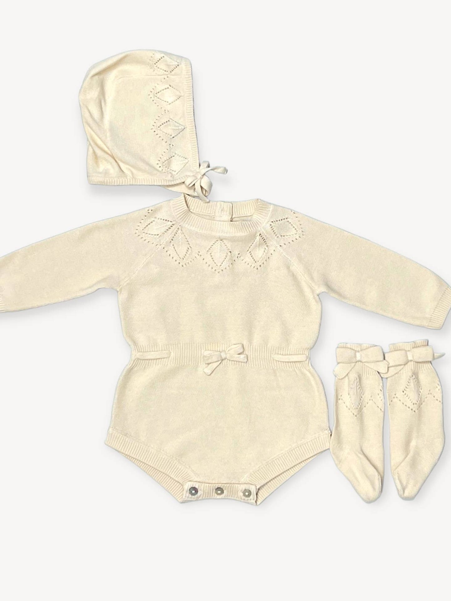 Cream Milan Pointelle Knit Baby Girl Bodysuit 3pc SET