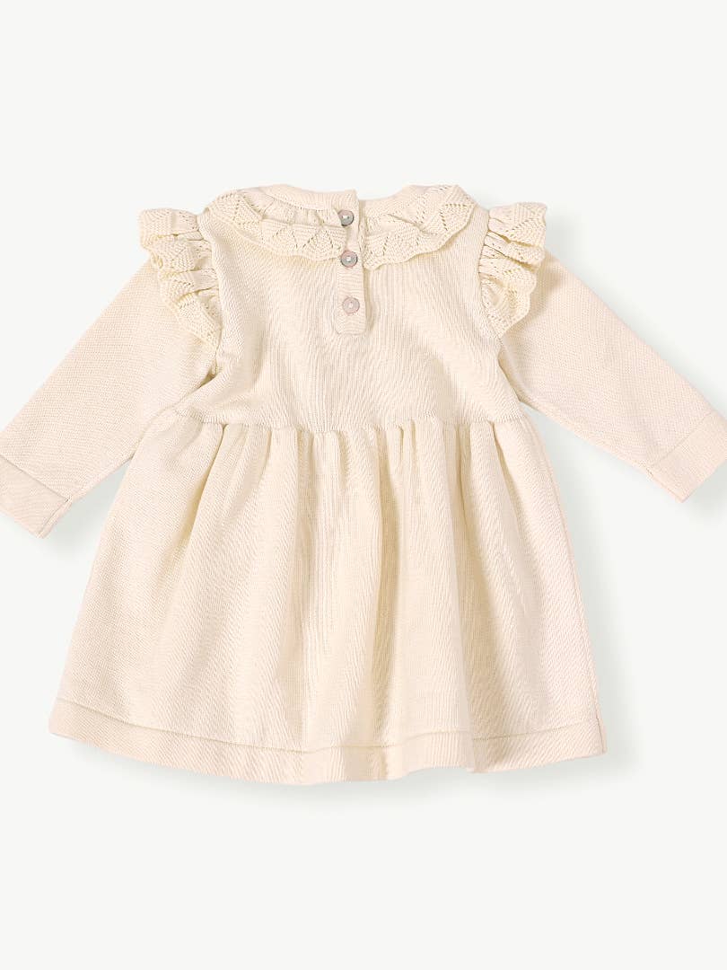 Cream Baby Milan Ruffle Collar Pointelle Knit Sweater Dress