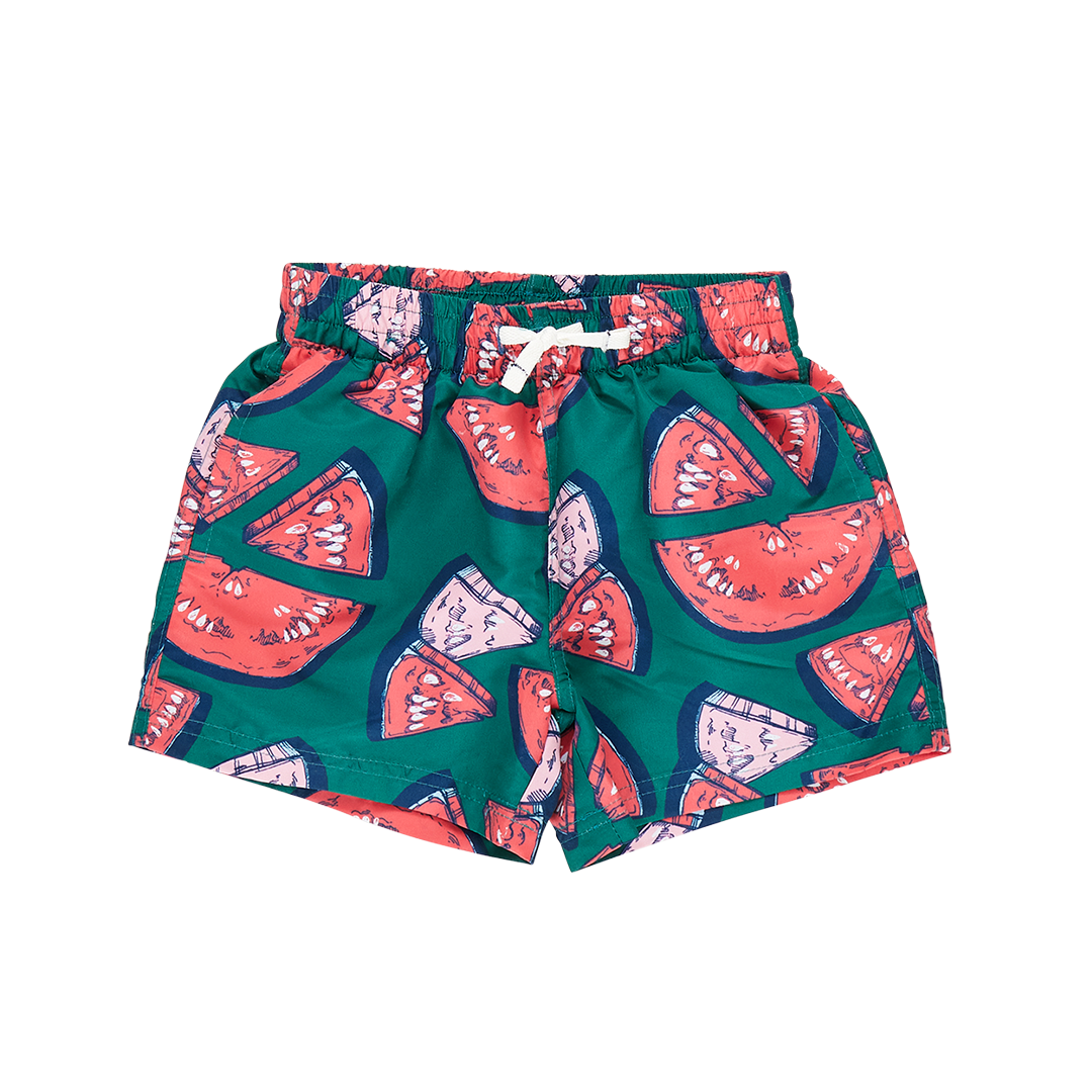 Pink Chicken Boys Swim Trunk - Green Watermelon Puzzle