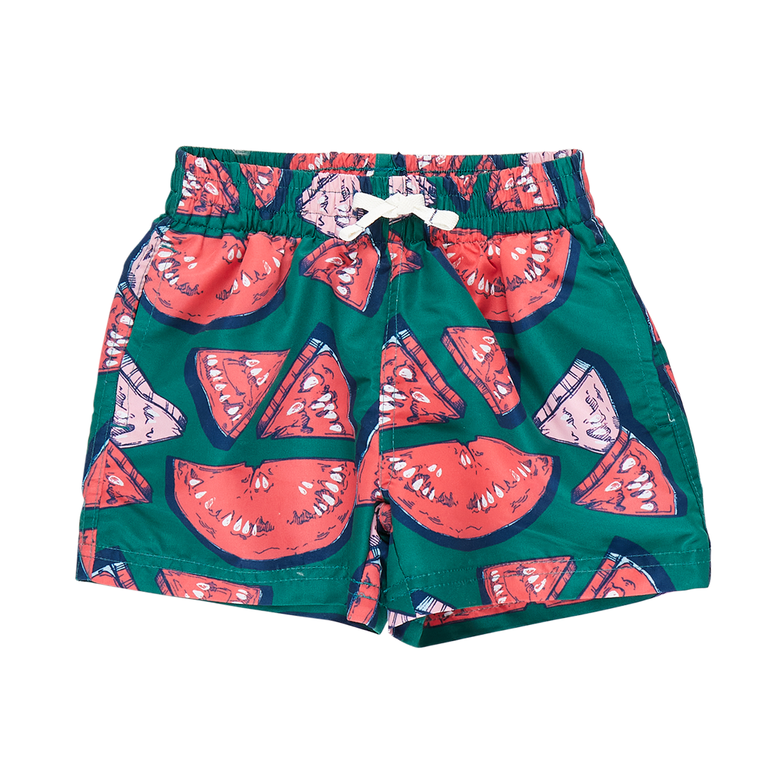 Pink Chicken Boys Swim Trunk - Green Watermelon Puzzle