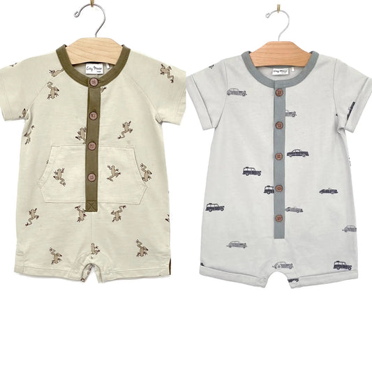 City Mouse Studio - Short Henley Romper - Cars or Frogs