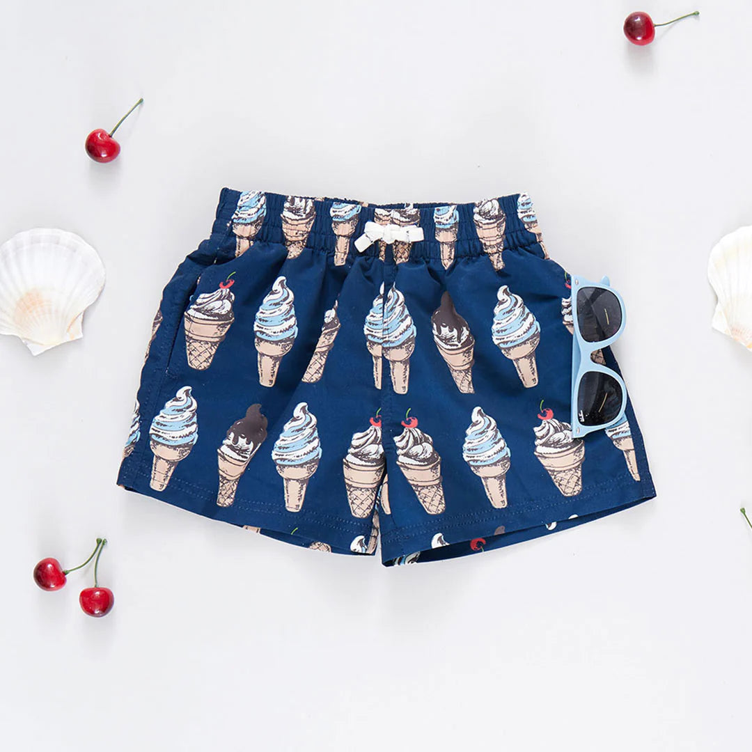 Pink Chicken Boys Swim Trunk - Navy Soft Serve Ice Cream