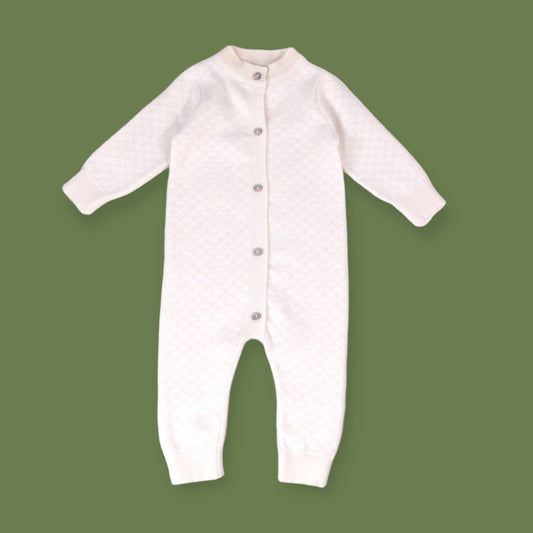 White Lux Jacquard Knit Baby Jumpsuit + Hat + Bootie Set