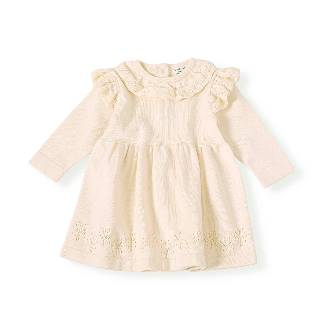 Cream Baby Milan Ruffle Collar Pointelle Knit Sweater Dress