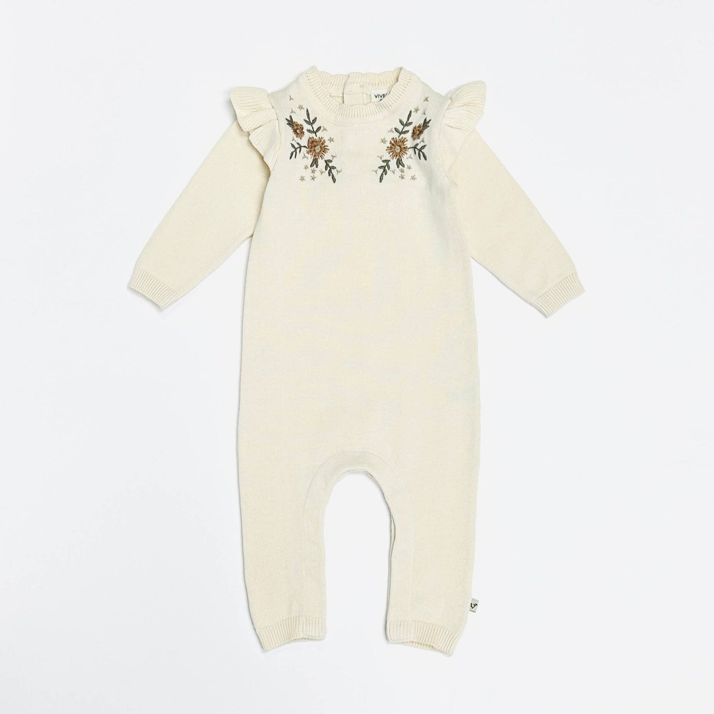 Cream Milan Floral Embroidered Ruffle Knit Baby Jumpsuit