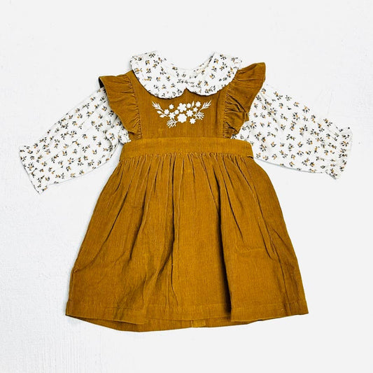 Mustard Corduroy Pinafore Dress + Floral Shirt Set
