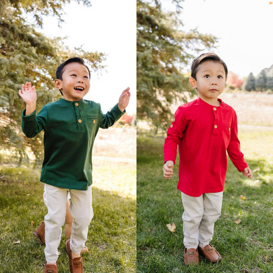 Long Sleeve Button Shirt in Evergreen or Scarlet