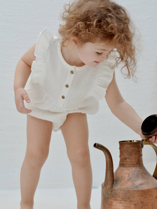 White Ruffle Trim Muslin Bodysuit