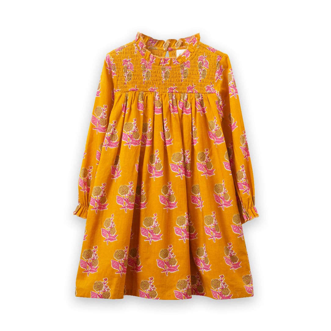 Mustard Floral Smocked Long Sleeve Dress